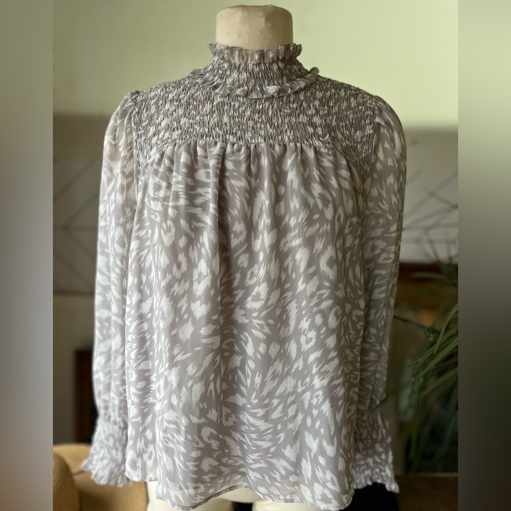 Ann Taylor Petite Turtleneck Flowy Blouse with fringe top and wrist Leopard prin